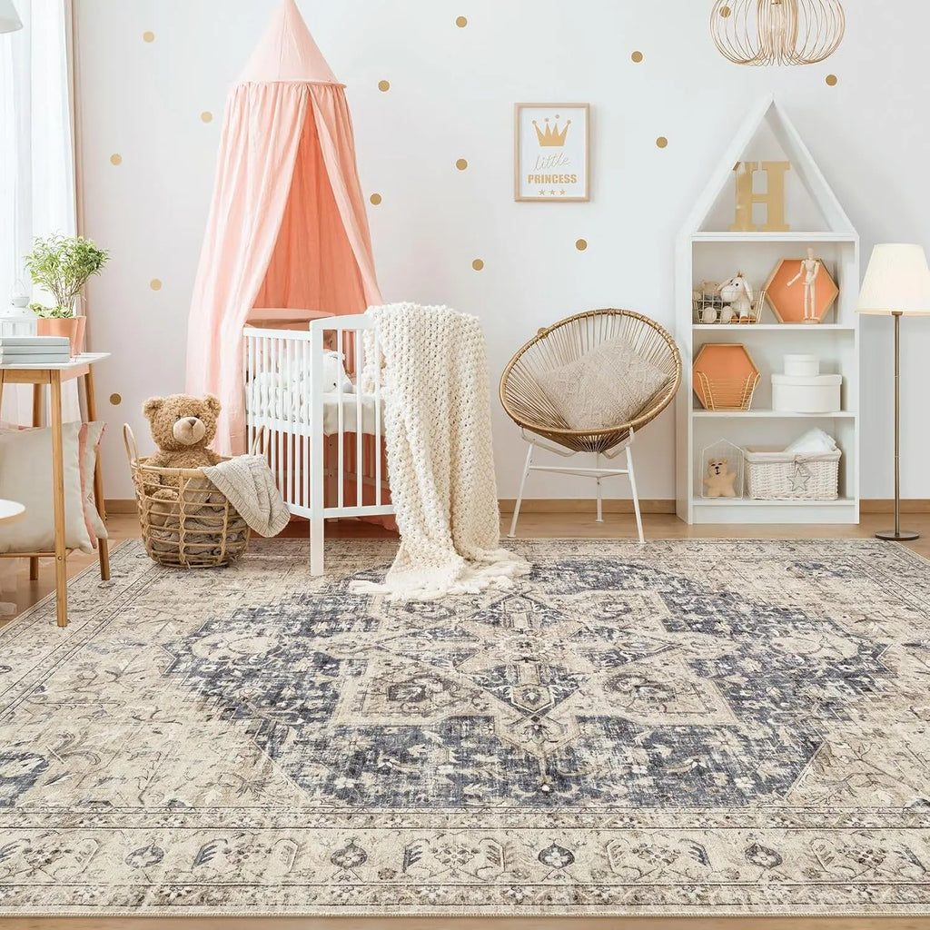 9x12 - Cream Blue Distressed Farmhouse Carpet