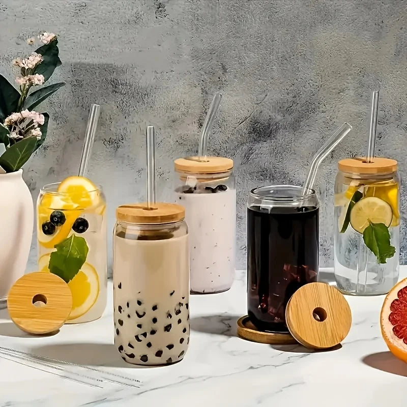 Travel 18.6 oz Glasses with Bamboo Lids & Straw for 6