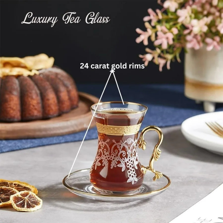 Elegant Vintage Style Tea Glasses & Saucers Set of 6