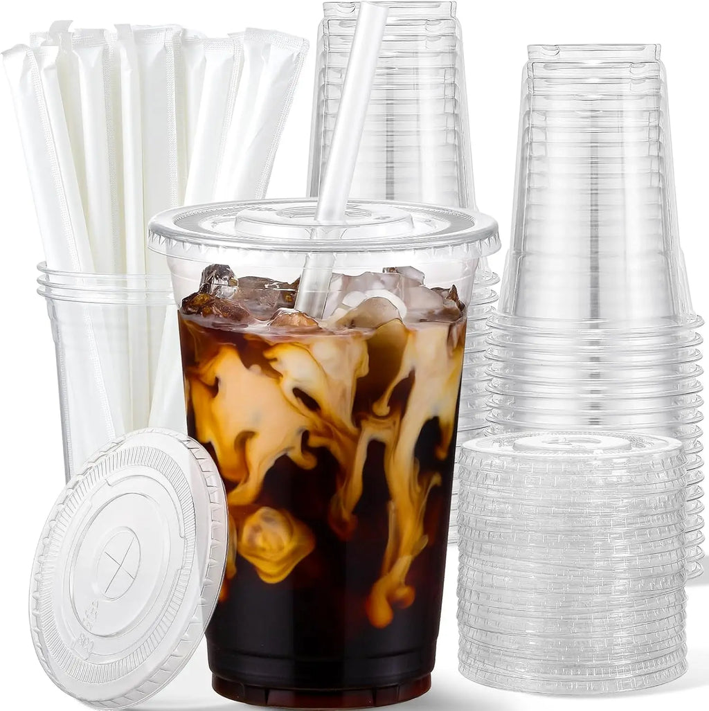 Disposable Clear Plastic Cups w/ Lids & Straws