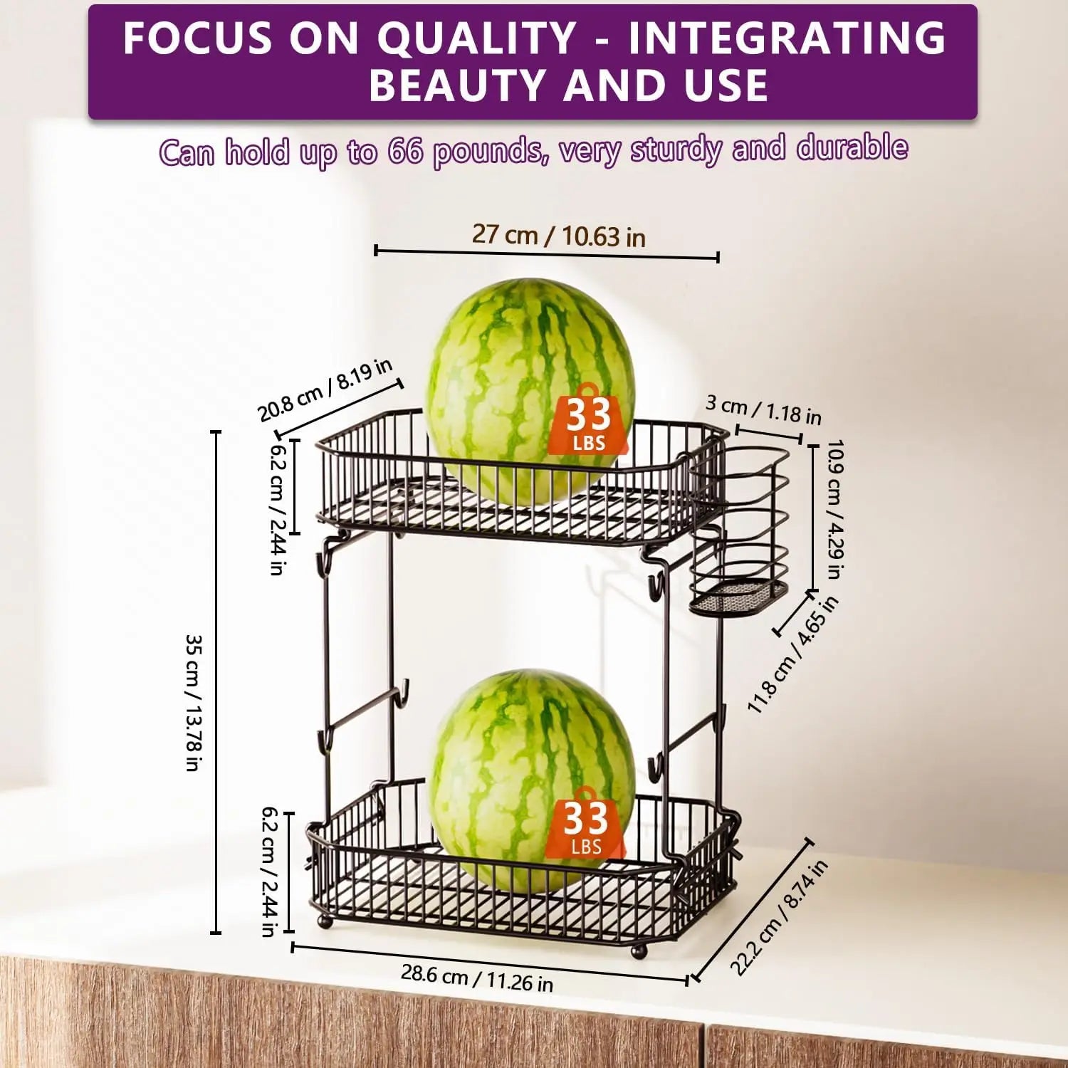 Heavy 2-Tier Fruit Basket with Side Storage