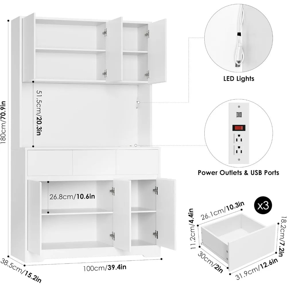 71" Pantry Cabinet with Power Outlets and Led Lights