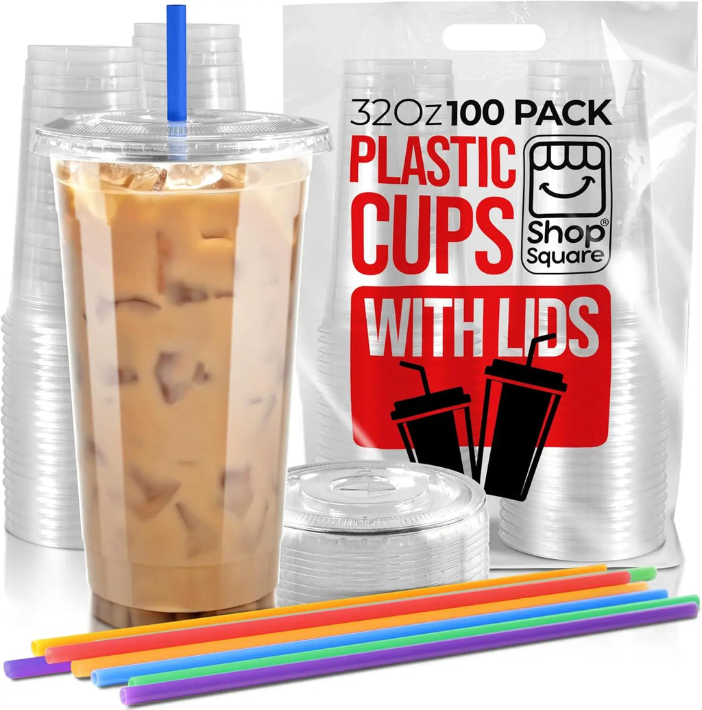 Clear Plastic Cups with Lids Set of 100/ 32 OZ