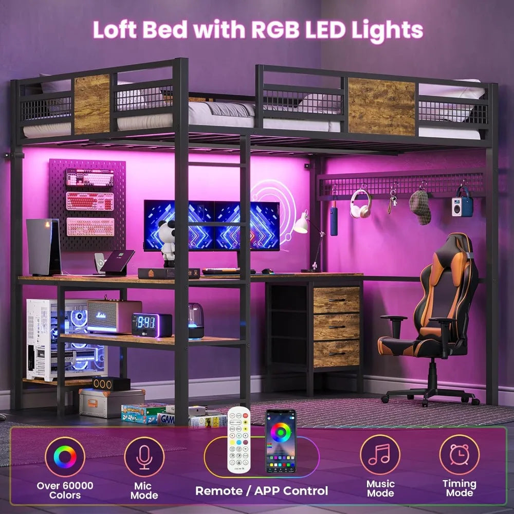 Full Size Loft Bed with L-Shaped Desk