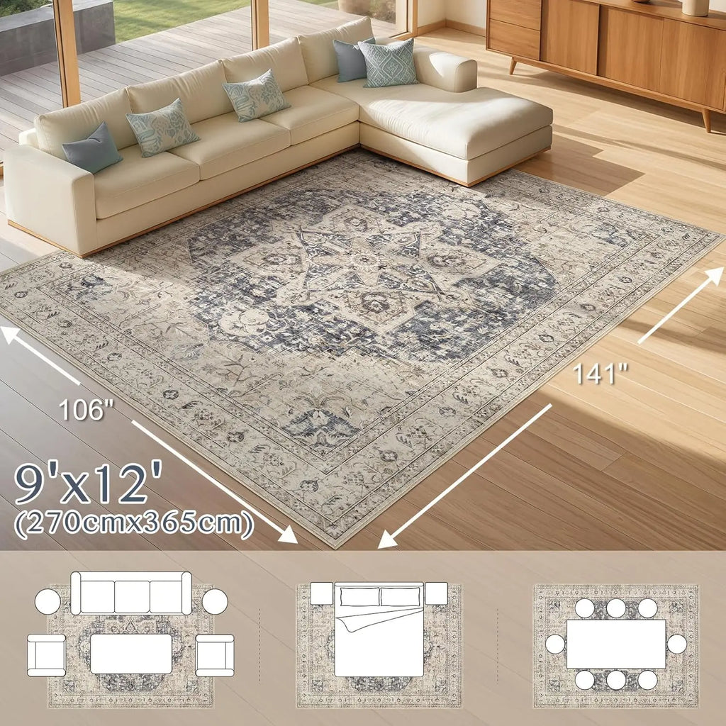 9x12 - Cream Blue Distressed Farmhouse Carpet