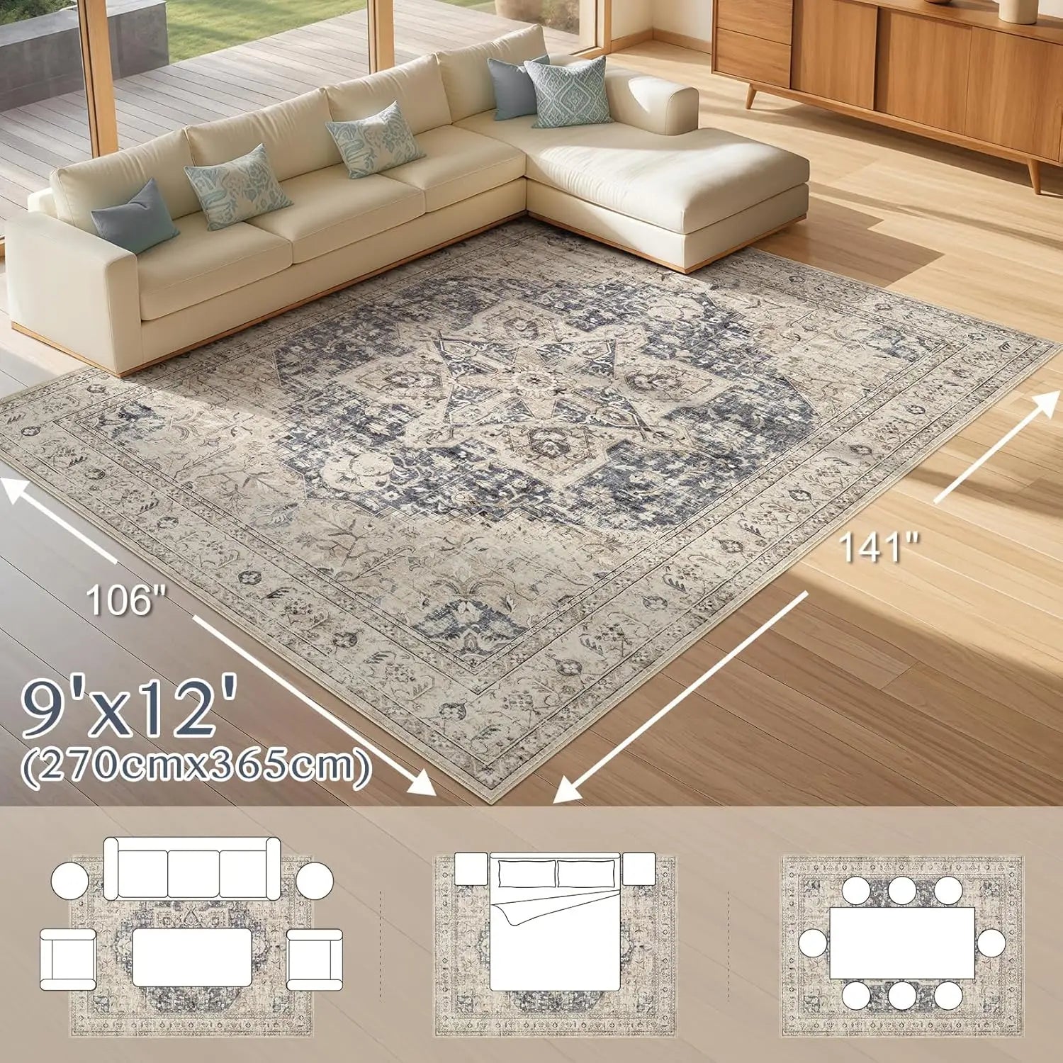 9x12 - Cream Blue Distressed Farmhouse Carpet