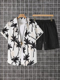 2-pack, men's short-sleeved button-down shirt with a lapel and printed pattern, paired with drawstring pants, for trendy, casual