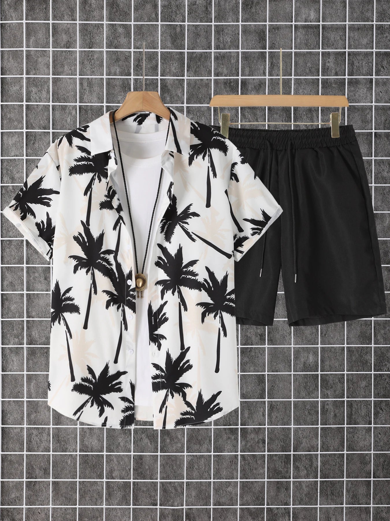 2-pack, men's short-sleeved button-down shirt with a lapel and printed pattern, paired with drawstring pants, for trendy, casual