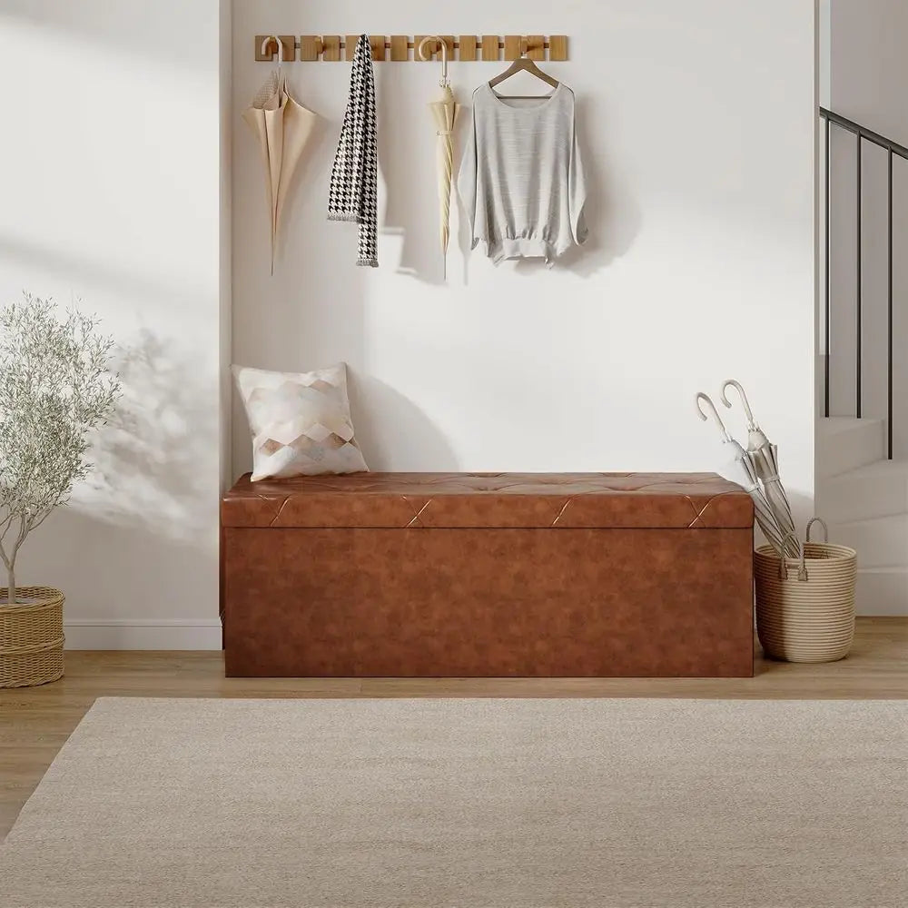 43 Upholstered Storage Ottoman with Footrest, 660 lbs Capacity, Synthetic Leather, Brown