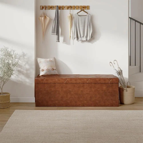 43 Upholstered Storage Ottoman with Footrest, 660 lbs Capacity, Synthetic Leather, Brown