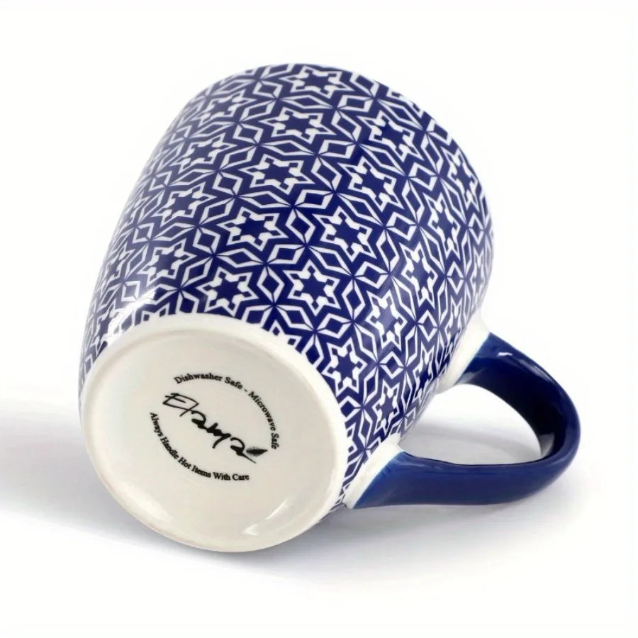6-piece 12 oz blue and white ceramic mug set with comfortable handles for easy grip and a secure hold