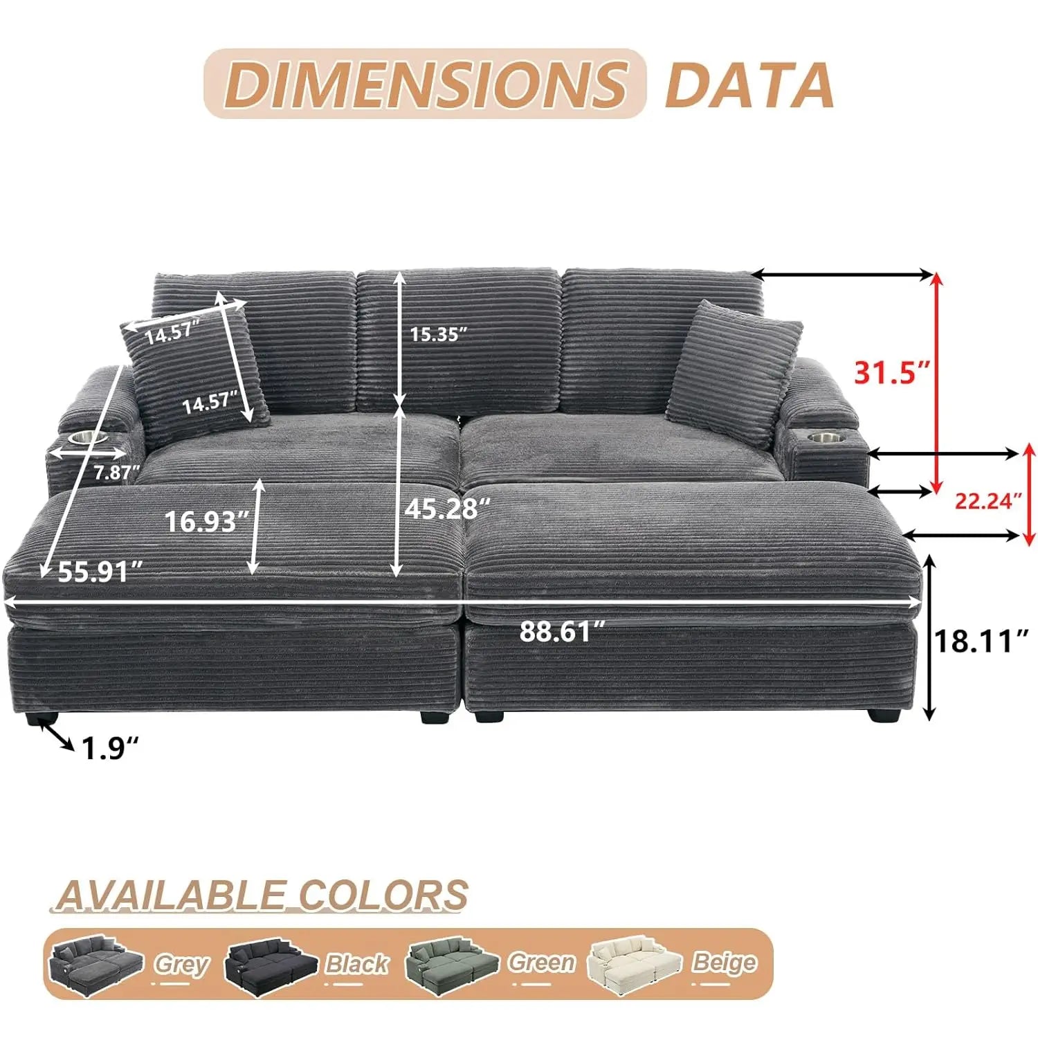 Oversized Double Chaise Lounge with Ottomans