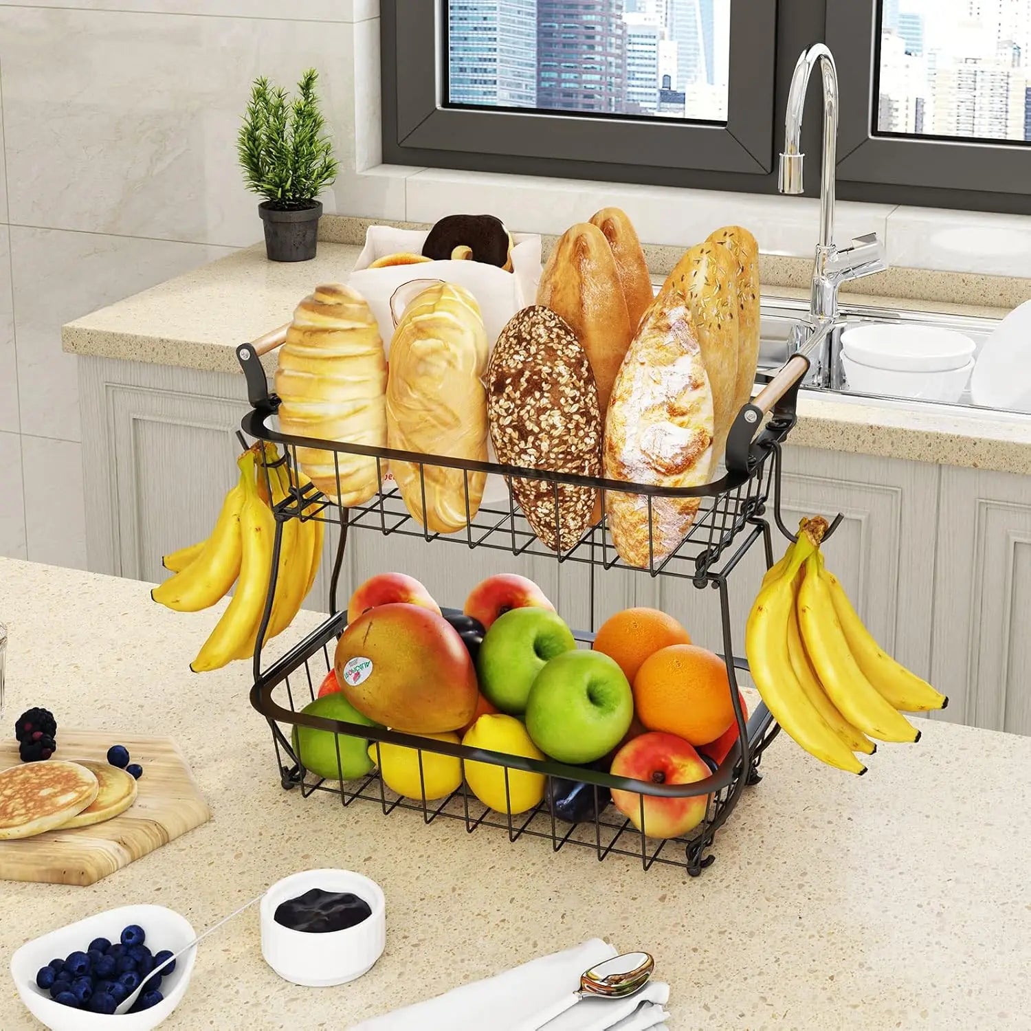 2-Tier Metal Wire Fruit Basket with Banana Hangers