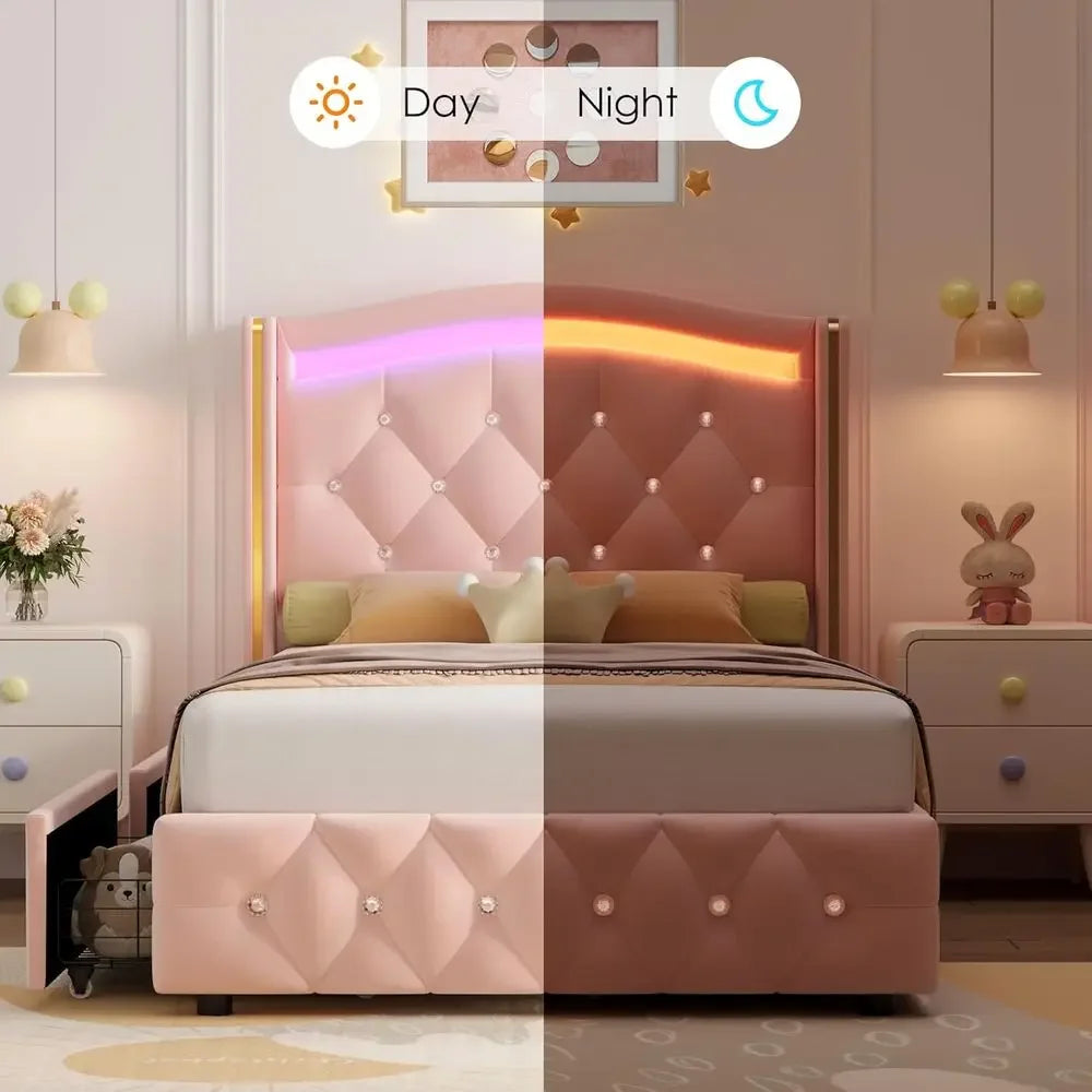 Twin Size Pink Velvet Upholstered Bed