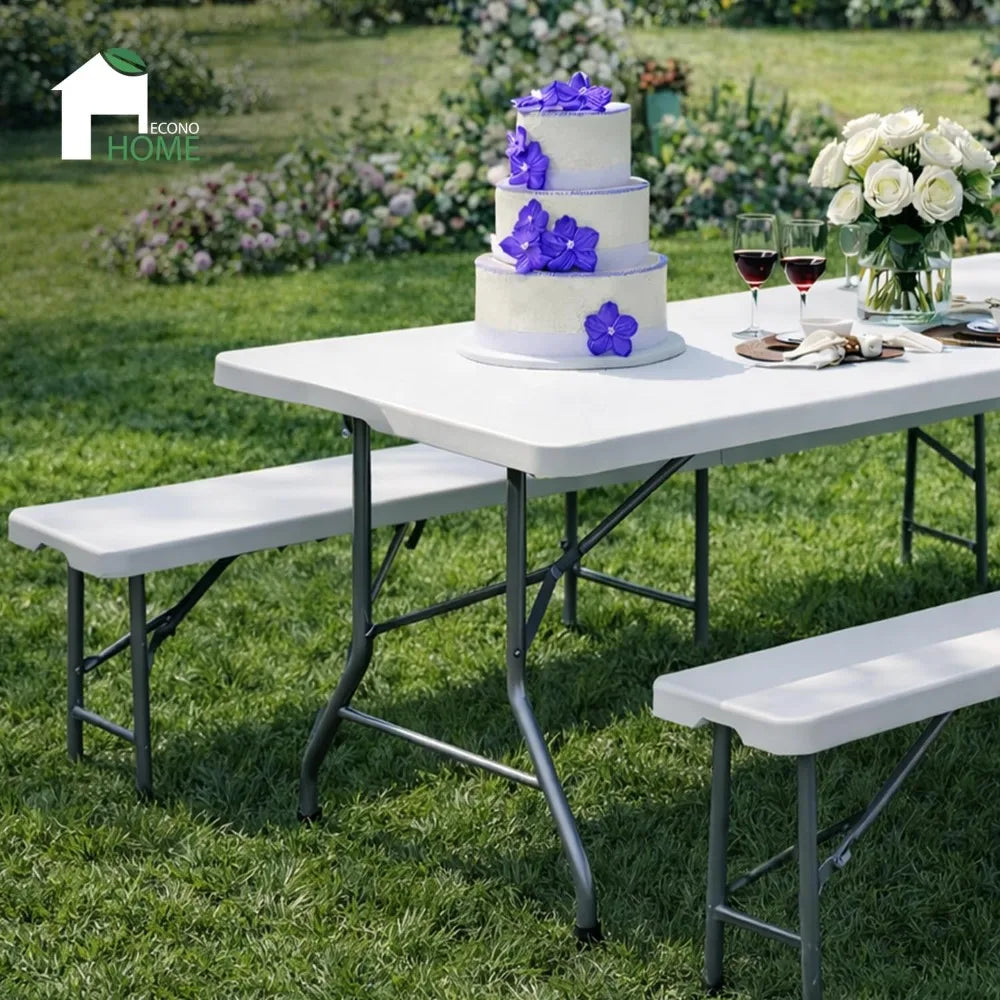 6 Ft White Folding Table Set with 2 Benches