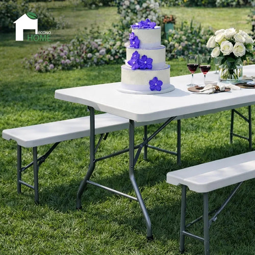 6 Ft White Folding Table Set with 2 Benches