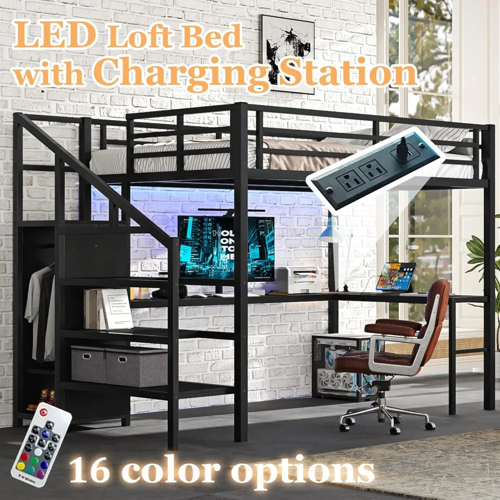 Full Size Metal Loft Bed with L-Shaped Desk
