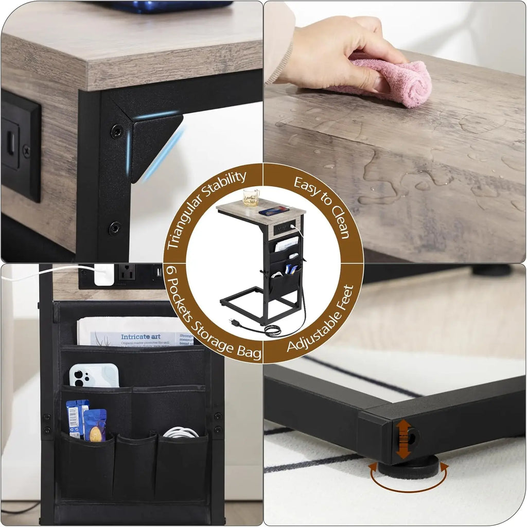 C-Shaped End Table with Charging Station