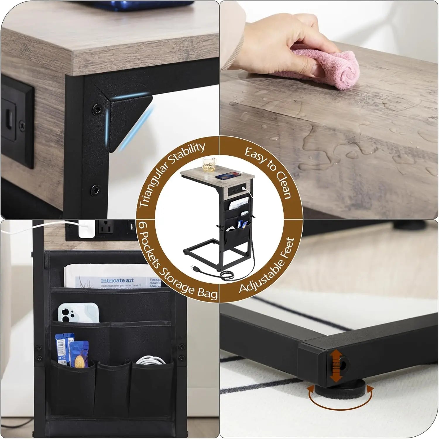 C-Shaped End Table with Charging Station