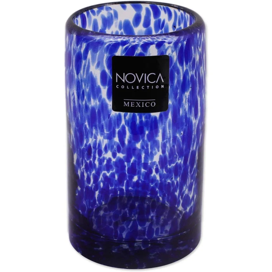 Hand Blown Blue Confetti Recycled Glass Juice Glasses 5 Oz