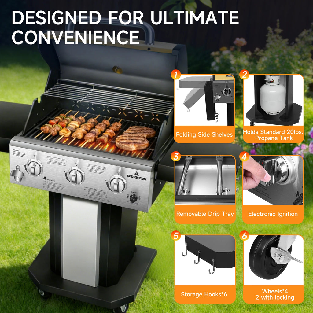 3-Burner Propane Gas Grill with Warming Rack,