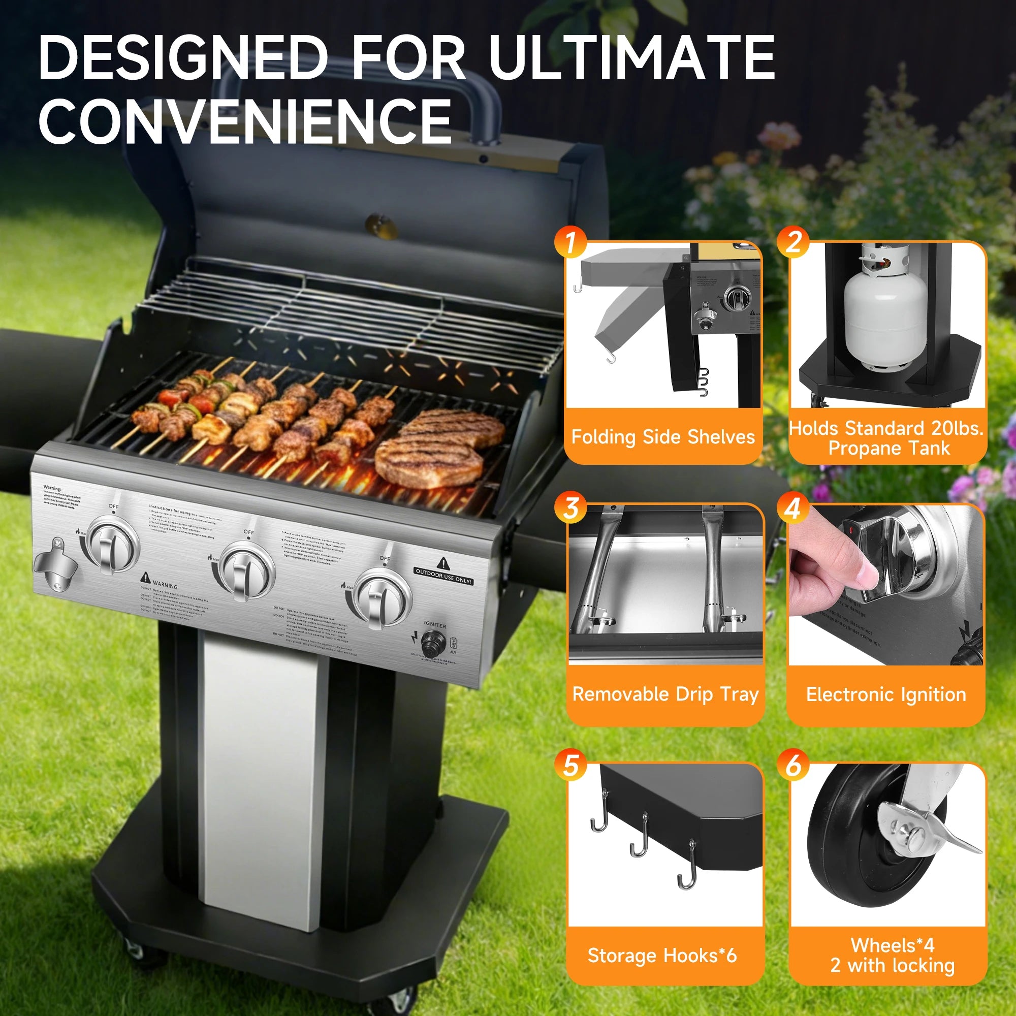 3-Burner Propane Gas Grill with Warming Rack,
