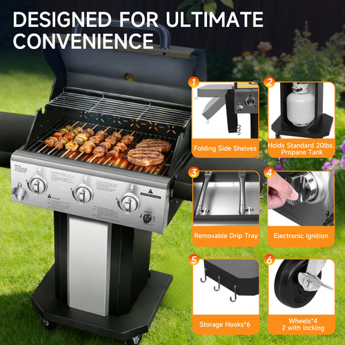 3-Burner Propane Gas Grill with Warming Rack,