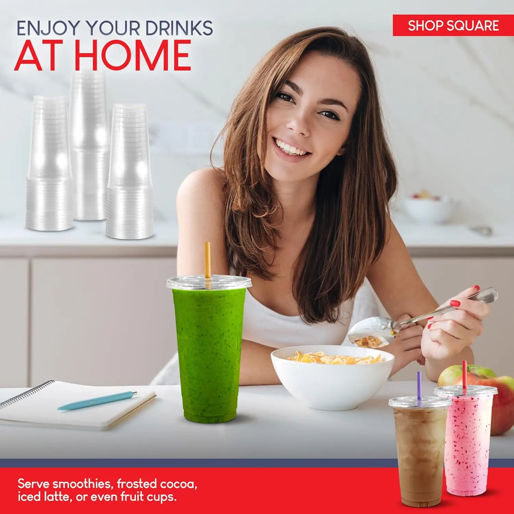 Clear Plastic Cups with Lids Set of 100/ 32 OZ