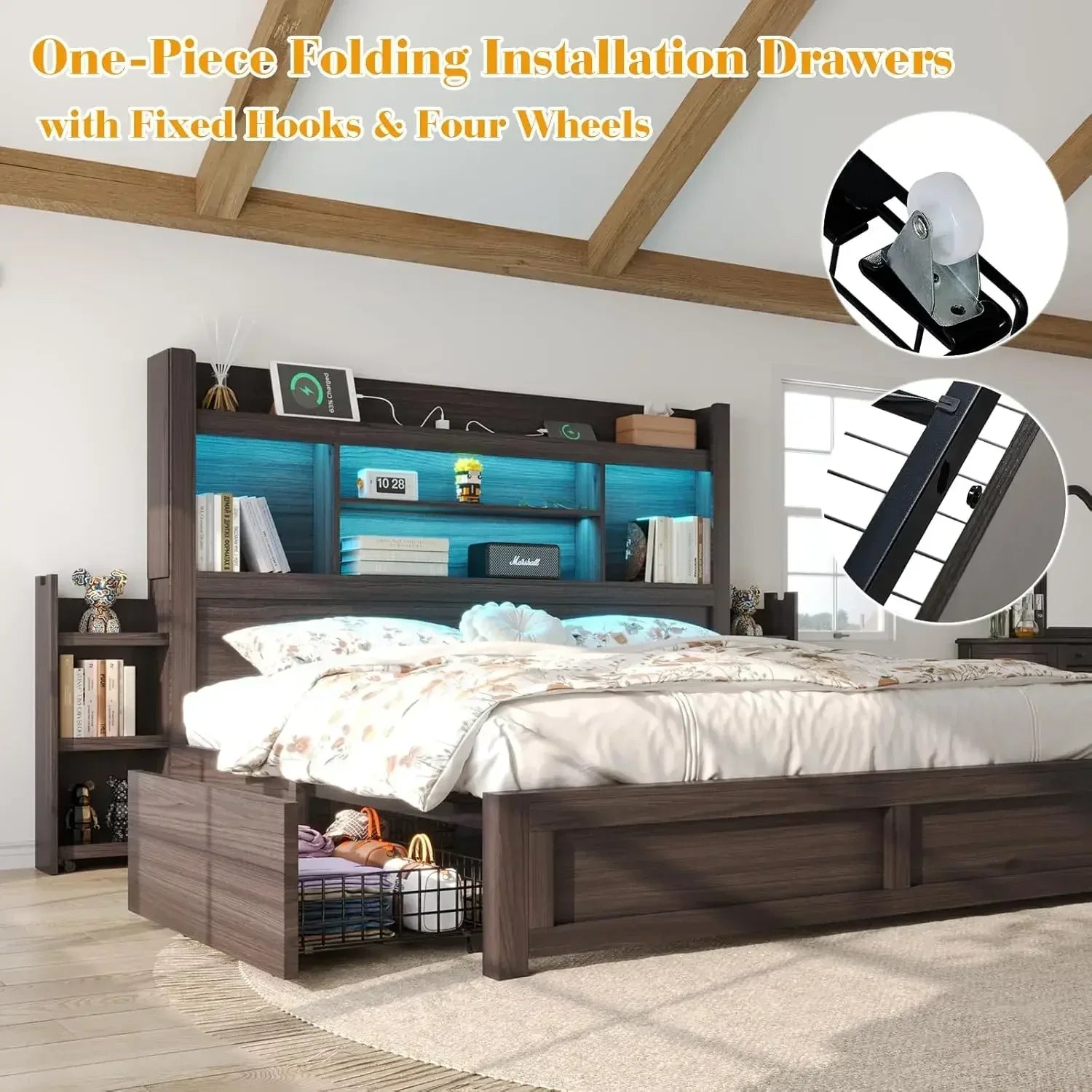 Queen Bed Frame with 49.6" Bookcase Headboard