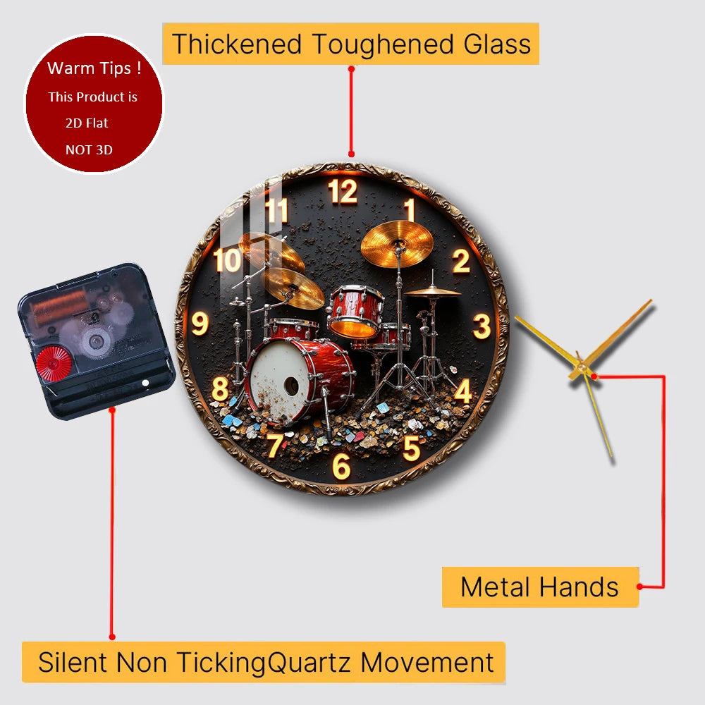 Glass Wall Clock Drum Set Clock