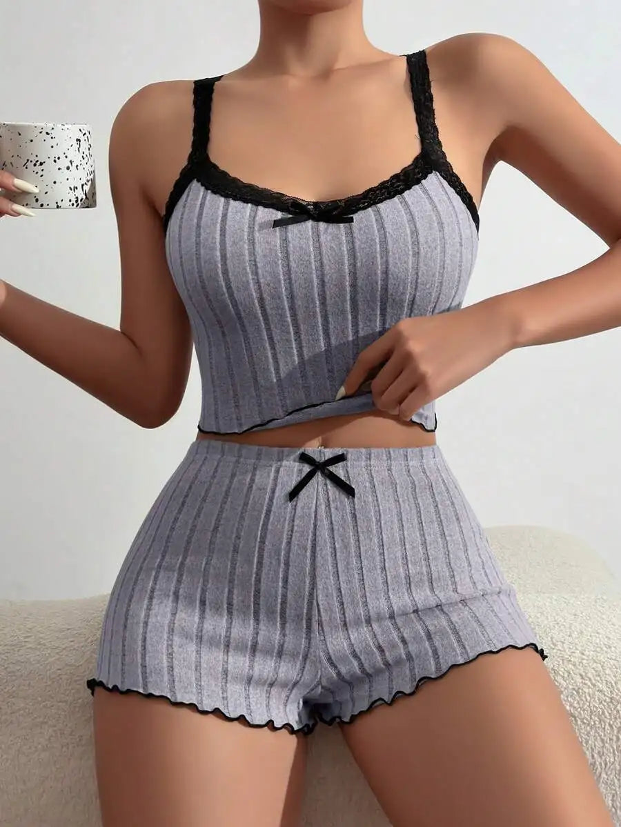 Ribbed Lace Trim Pajama Set