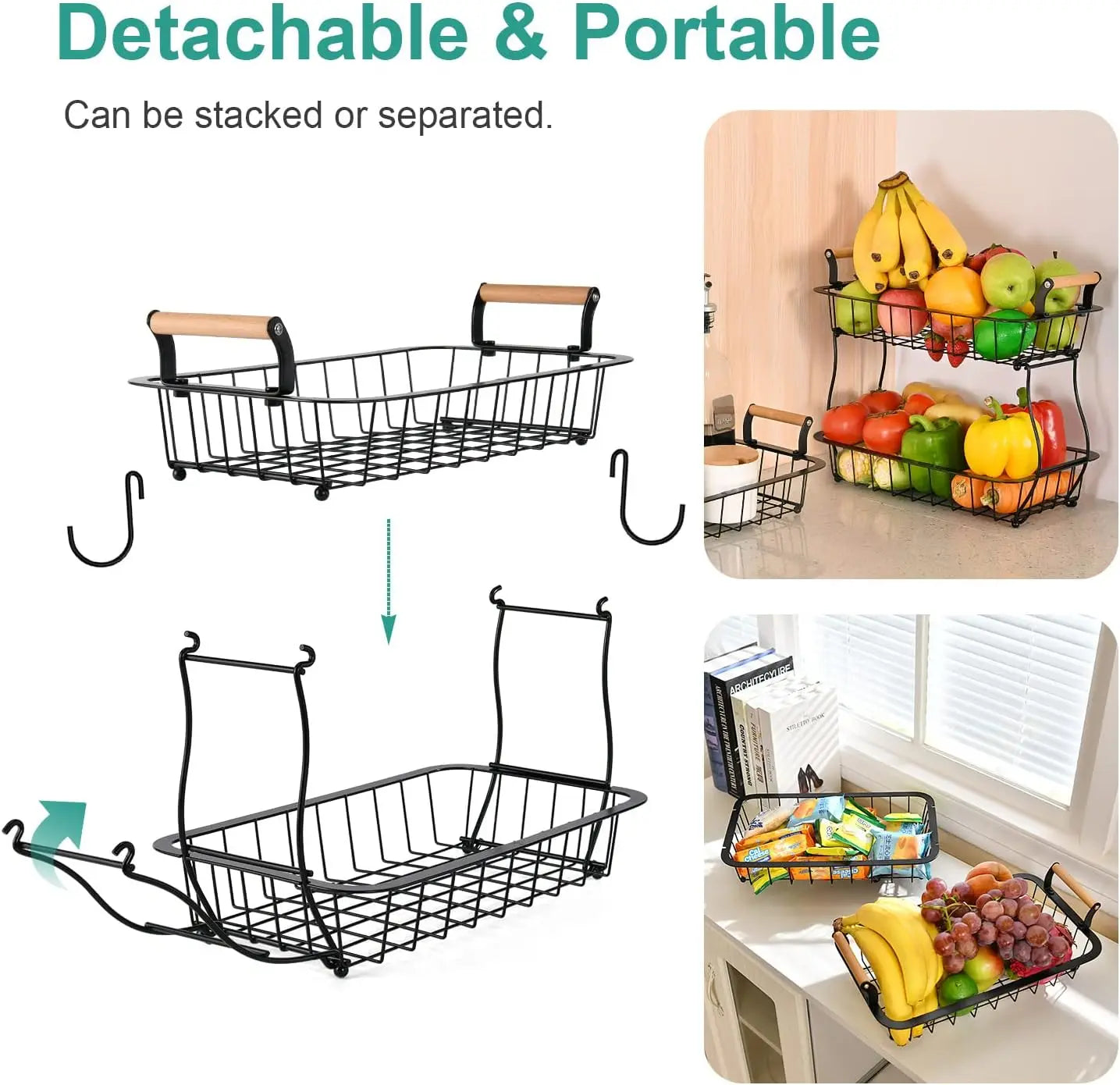 2-Tier Metal Wire Fruit Basket with Banana Hangers
