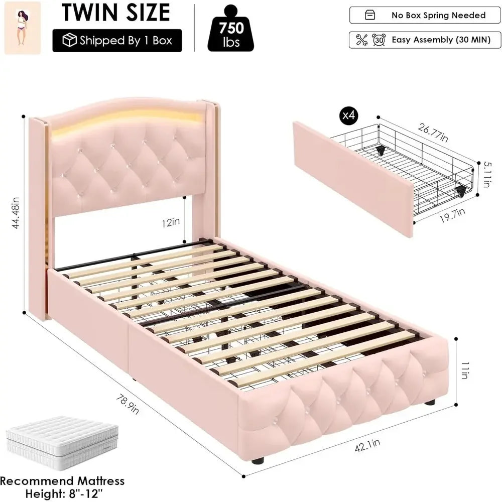 Twin Size Pink Velvet Upholstered Bed