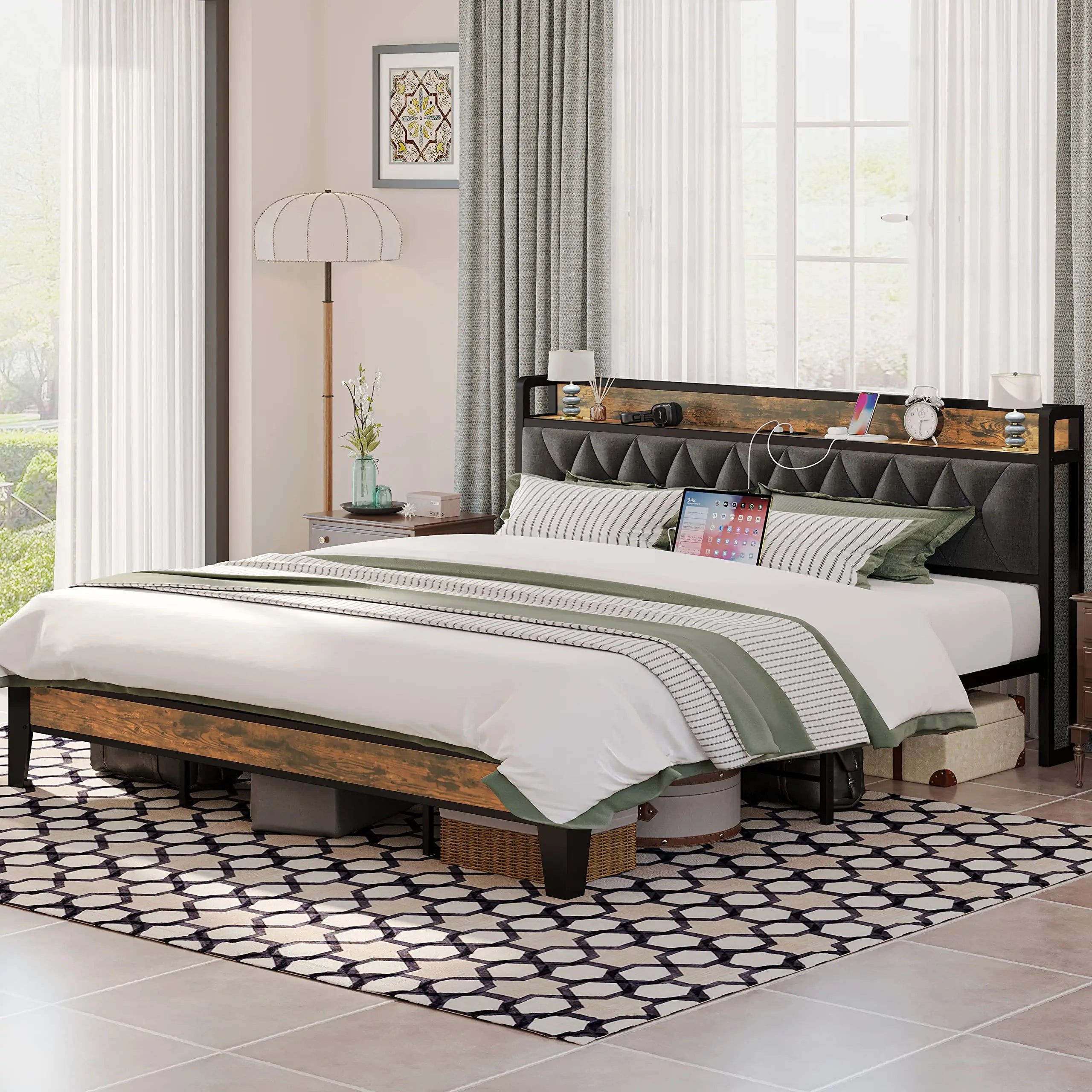 Bed Frames, Storage Headboard with Outlets