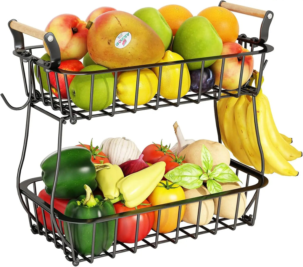 2-Tier Metal Wire Fruit Basket with Banana Hangers