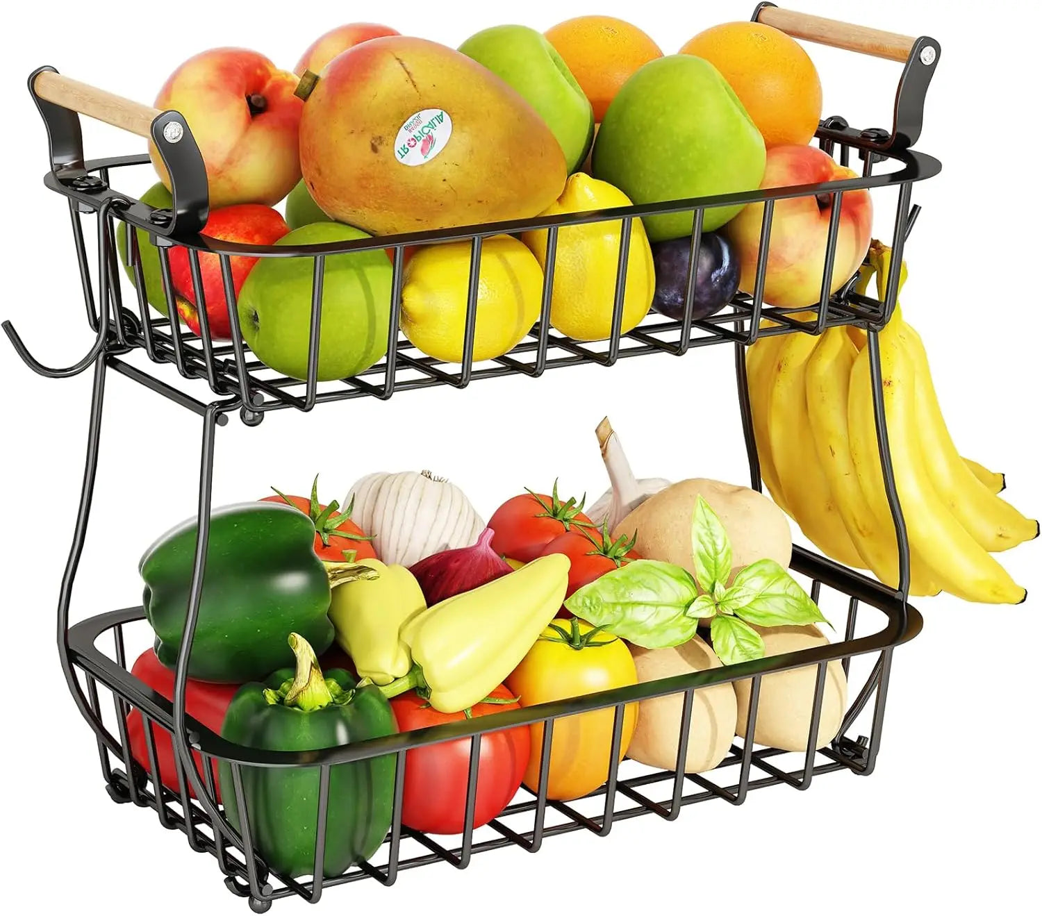 2-Tier Metal Wire Fruit Basket with Banana Hangers
