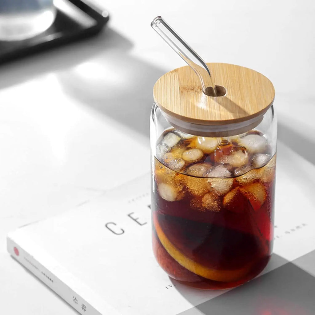 Glass 16 oz Cups with Bamboo Lids & Straws for Two